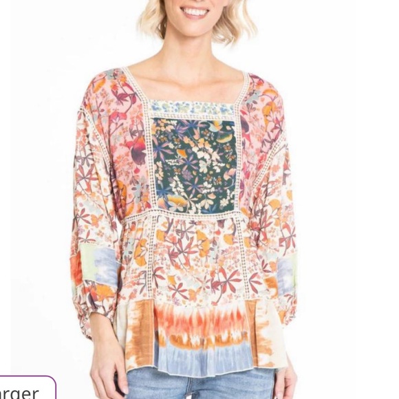 John Mark Plus Size Mixed Print Crochet Trim Square Neck 3/4 Cuff Sleeve - Picture 2 of 14